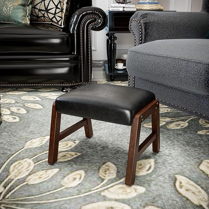 Small Foot Rest Ottoman, 11.8" H PU Leather Rectangle Foot Stool with Non-Skid Wood Legs, Small Foot Step Footstool Sofa Footrest for Couch, Desk, Office, Black