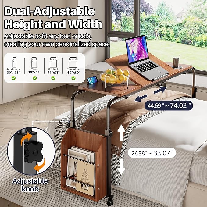 Overbed Table with Wheels, Tilting Overbed Desk Adjustable Height & Length, Queen Over Bed Table with Storage Cabinet, Rolling Laptop Desk for Bedroom, Living Room, Hospital (Brown, 47.24in)