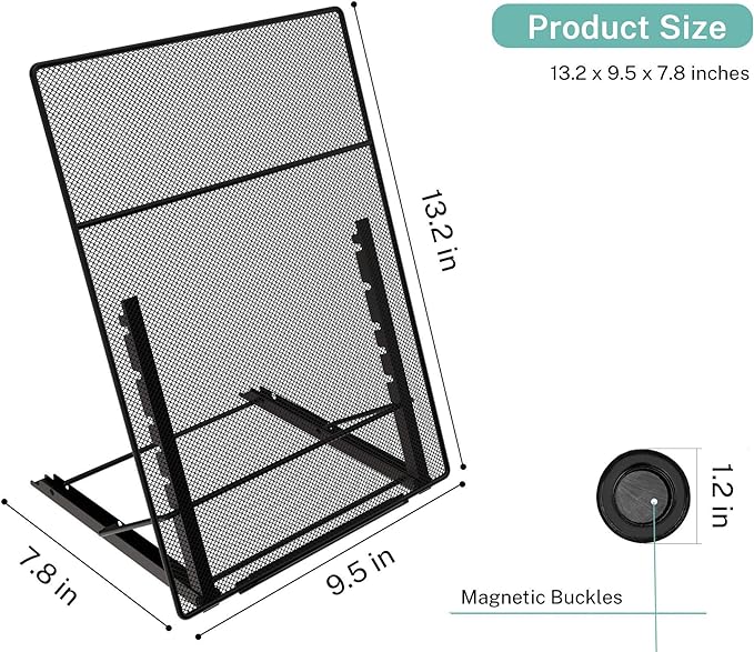 MaxGear Desktop Document Holder for Typing, Foldable Paper Holder Stand for Desk with 4 Magnetic Buckles, Metal Mesh Letter Copy Holder with Non-Slip Base, 6 Adjustable Viewing Angles, Black