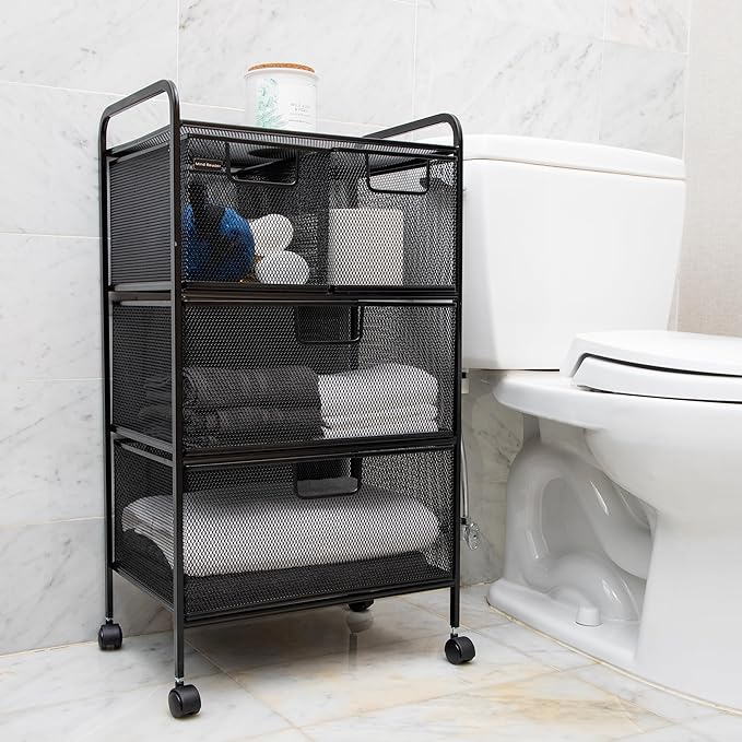 Mind Reader Cart with Drawers, Multipurpose Office Organizer, Utility Cart, Rolling Storage, Metal Mesh, Black