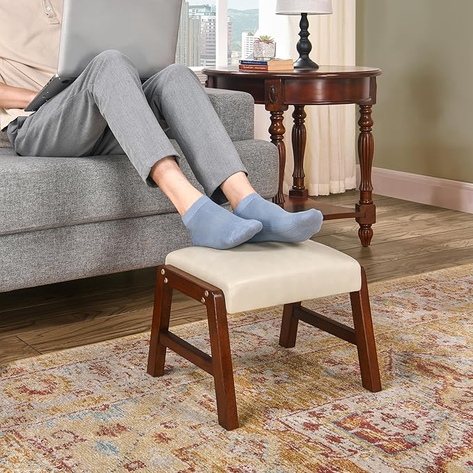 Small Foot Rest Ottoman, 11.8" H PU Leather Rectangle Foot Stool with Non-Skid Wood Legs, Small Foot Step Footstool Sofa Footrest for Couch, Desk, Office, Beige