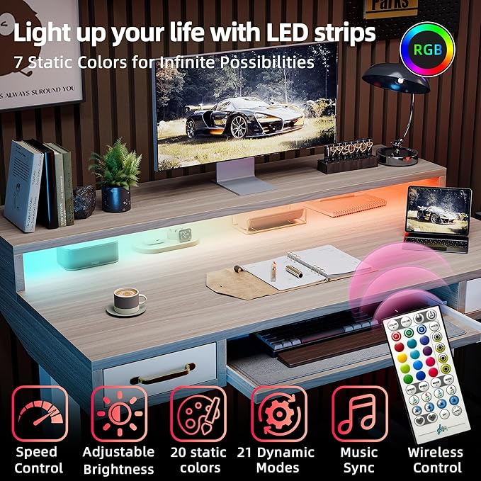 TIQLAB Standing Desk with Two Drawers, Stand Up Standing Desk Adjustable Height, Electric Sit Stand Table with Storage Shelf and Splice Board, with LED Light, 55 * 28 inch, Light Walnut