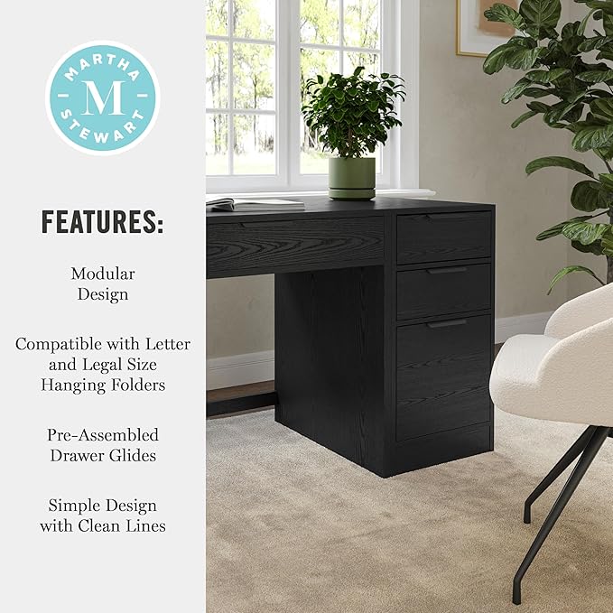 Martha Stewart Kayden Home Office Modular Desk with Drawer and 3 Drawer File Cabinet in Black with Oil Rubbed Bronze Hardware