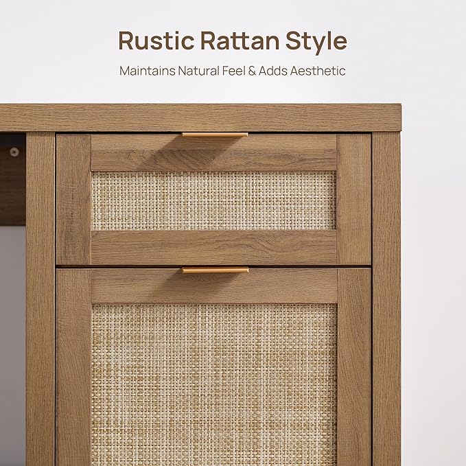 SICOTAS Rattan Executive Desk with Storage, 59" Boho Home Office Desk with Cabinets and Drawers, Large Computer Table Vanity Desk for Office, Study, Living Room, Oak