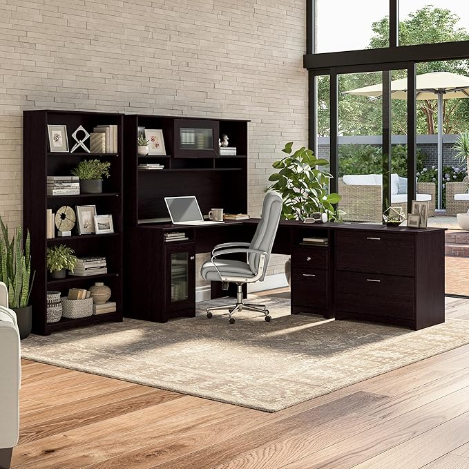 Bush Furniture L Shaped Desk with Hutch, 5 Shelf Bookcase and Lateral File Cabinet | Cabot Collection Corner Computer Table with Storage and Bookshelf | 60Wx23DX37W