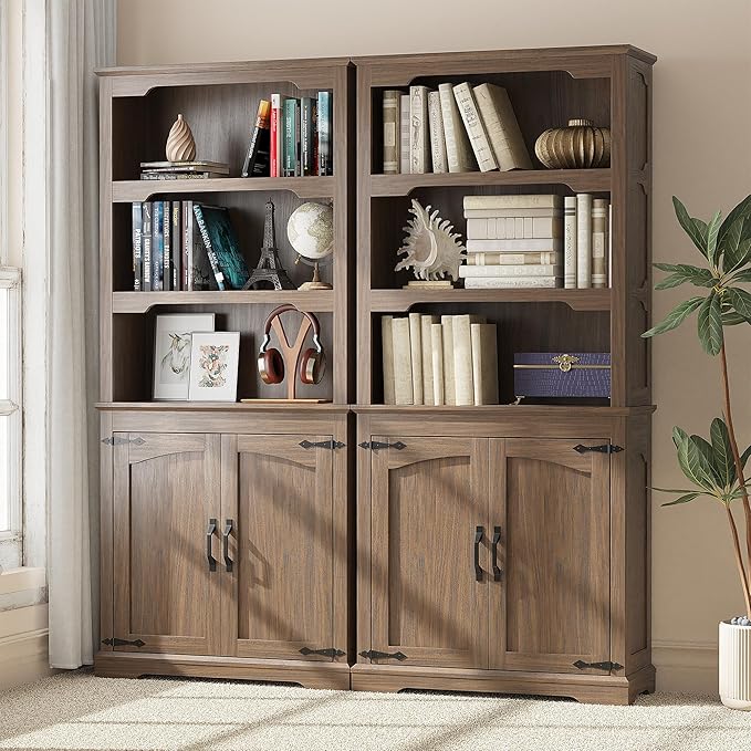 70 Inches Farmhouse Bookcase Bookshelf, Two-Tone Shelves, 5 Tier Bookshelf with Door Storage Arched Trim, Home Office Living Room Storage Cabinet Unit, 31.5x11.8 Inches (Walnut, Doors Storage)