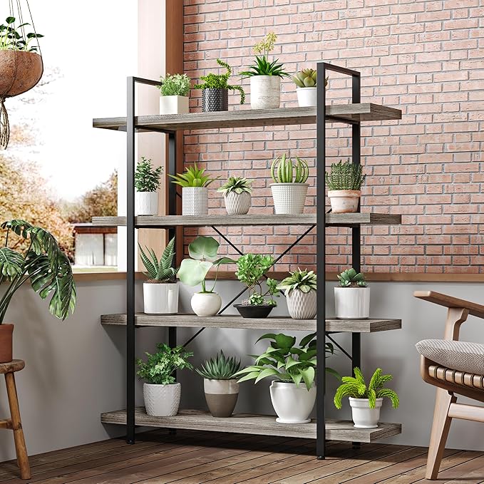 OtterOasis Bookshelf Set of 2, Heavy Duty 4-Tier Industrial Bookcase, 47" Wide Wood Bookshelf for Home Office, 120lbs Shelf Capacity, Rustic Display with Horizontal Shelf for Living Room Bedroom,Grey