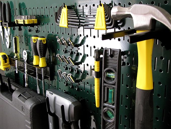 Wall Control Modular Pegboard Tool Organizer System - Wall-Mounted Metal Peg Board Tool Storage Unit for Wall Storage Tiling (Green Pegboard)