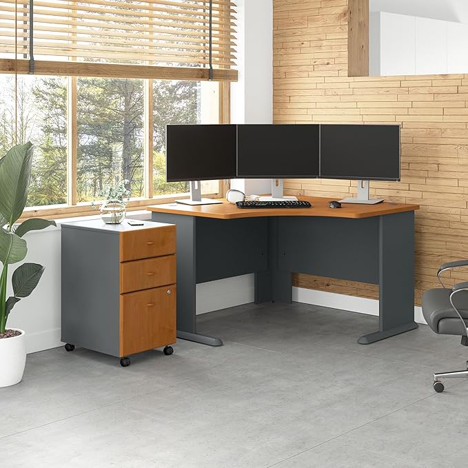 Bush Business Furniture Series A 48W Corner Desk with Mobile File Cabinet in Natural Cherry and Slate