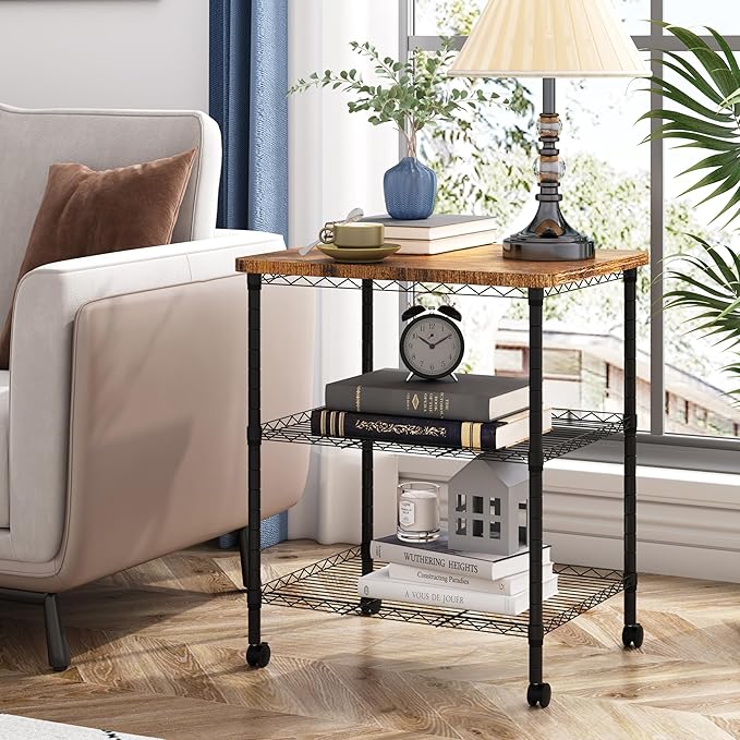 Printer Stand with Locking Wheels, Adjustable Heights 3 Tier Under Desk Table, Rolling Printer Cart Storage Paper Files Holder for Desk, Office, Home, Rustic Brown