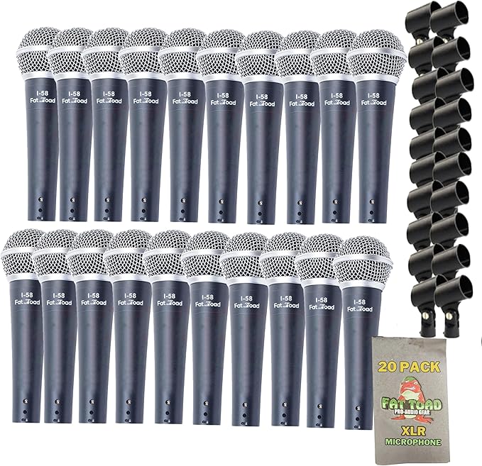 Fat Toad Cardioid Dynamic XLR Microphones (Live ResponsePRO Edition) 20 Pack – Handheld Unidirectional Mics with Clips for Vocal Studio, DJ Stage & Karaoke Use