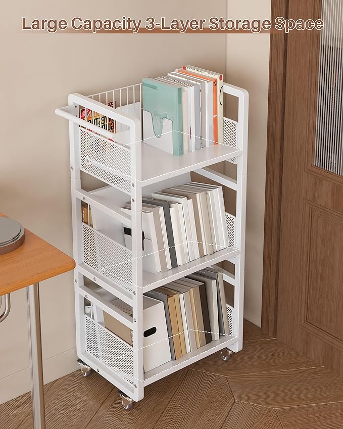 UMDONX Heavy-Duty Double-Sided Book Cart with Silent Wheels and 3 Magnetic Book Shelves, Rolling Book Shelf, Library Book Cart, Suitable for Home, Office, or School （White）