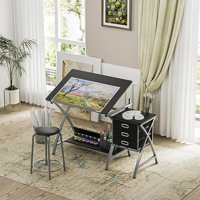 ZENY Drafting Table and Stool, Tilted Draft Table Desk w/Drawers, Artist Drawing Desk Craft Table for Drafting, Painting, Reading, Writing