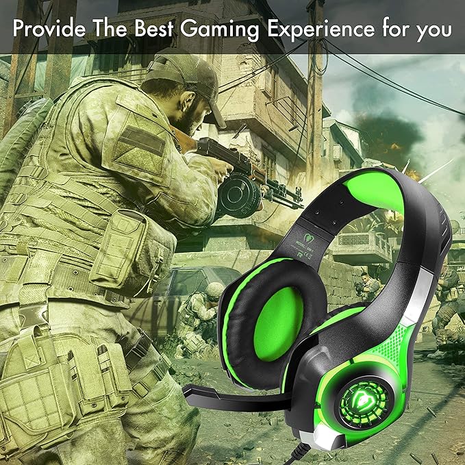 BlueFire Wired Gaming Headset for PS4 PS5 Xbox One PC – Over-Ear Headphones with Surround Sound, Noise Canceling Mic, Soft Memory Foam, LED Light, 3.5mm Jack for Console & Laptop (Green)