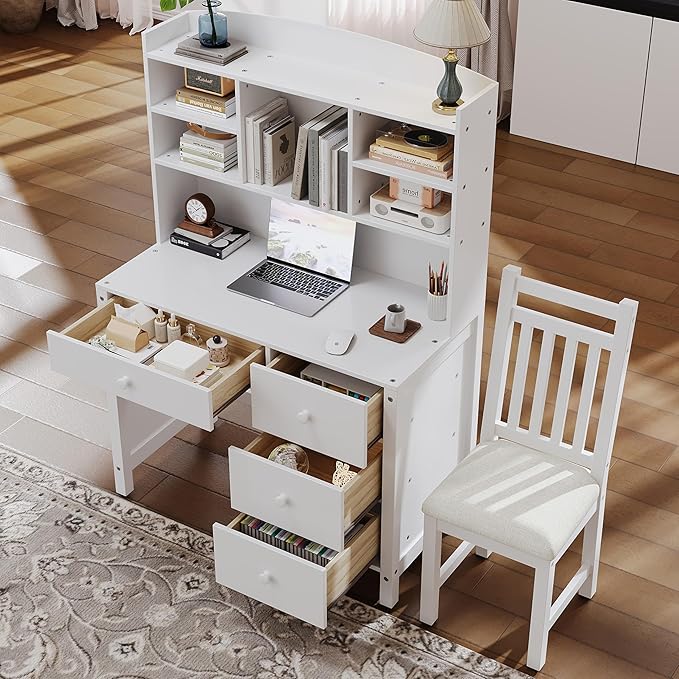40" Home Executive Desk and Upholstered Chair Set with Bookshelf,Vintage Style Computer Desk with 4 Drawers & Storage Shelf,Study Set for Office, Bedroom or Living Room (White)