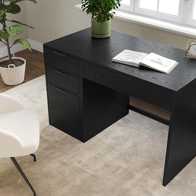 Martha Stewart Kayden Home Office Modular Desk with Drawer and 3 Drawer File Cabinet in Black with Oil Rubbed Bronze Hardware