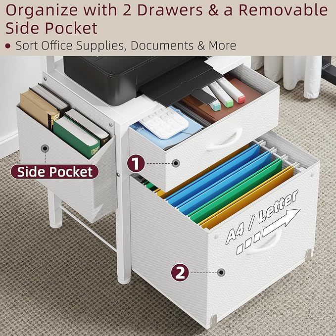 HIGDBFE 2-Drawer File Cabinet, Filing Cabinet with 2-Tier Printer Shelves, Office Cabinets with Side Bag&File Drawer for A4/Letter Size, Printer Stand with Storage for Home Office, White, 16.5" W