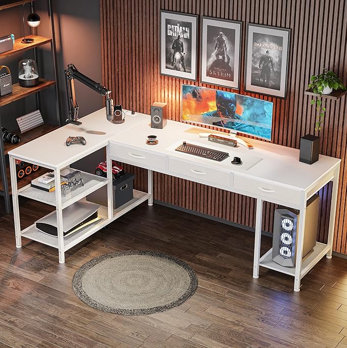 PRAISUN 63 Inch L Shaped Office Desk with Power Outlets and Type-C Port, Large Computer Gaming Desk with 3 Fabric Drawers, Mesh Shelves, Corner Study Work Writing Desk, White