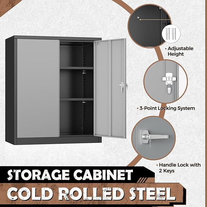INTERGREAT Metal Storage Cabinet with Doors and Shelves,Lockable Storage Cabinet for Office,36”Black Grey Metal Utility Cabinet Garage Cabinets for Home Office, Garage, Kitchen, Shop