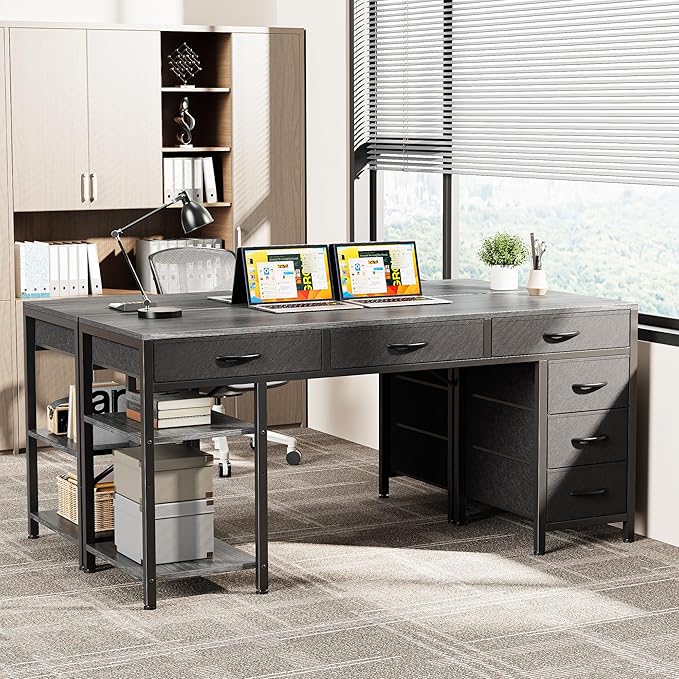 Huuger Computer Desk with 6 Drawers, 47 Inch Office Desk with Shelves, Reversible Gaming Desk, Corner Desk with Storage, Work for Home Office, Study, Living Room, Gray