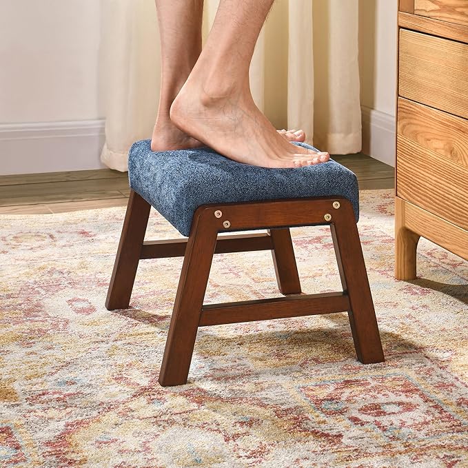 Small Footstool Ottoman, 11.8" H Fabric Wooden Foot Rest Ottoman with Wood Legs, Small Foot Stool Sofa Footrest Extra Seating for Living Room Entryway Office, Royal Blue