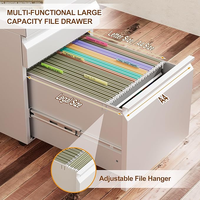 Metal Mobile File Cabinet with Lock and 4 Keys - Fully Assembled, Under Office Desk 2 Drawers Filing Cabinet for Home Office with Anti-tilt Wheels, A4/Legal/Letter Hanging File Drawers