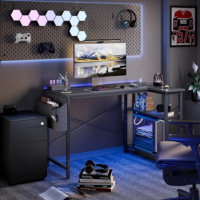 TIQLAB Gaming Desk with Power Outlets - 40 inch L Shaped Computer Desk, Reversible Design Small Corner Desk, Bookshelf Workstation for Work Study Play Home Office, Black