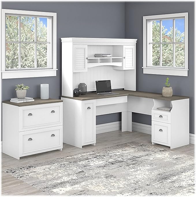 Bush Home Fairview 60W L Shaped Desk with Hutch and Lateral File Cabinet in Pure White and Shiplap Gray