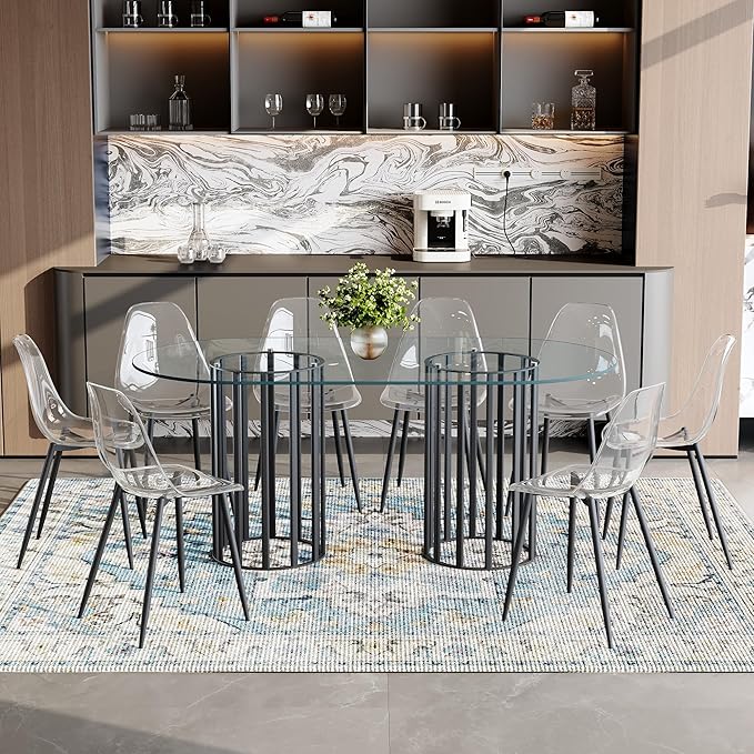 Table and chair set.71 inch oval tempered glass dining table,black double column light luxury style. Paired with 8 Transparent Plastic Chairs with Black Metal Legs. Accurate size, suitable for 8 peo