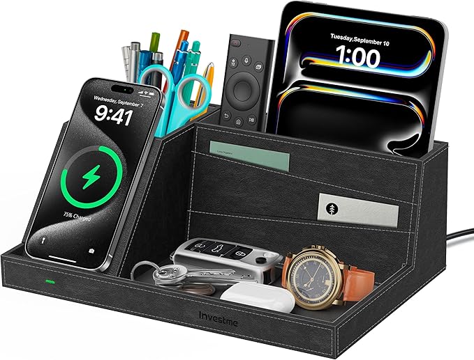 Wireless Charger with Desk Organizer, Fast Charging Station for iPhone 16/15/14/13/12/11 Pro Max, Desk Phone Charger Stand, Desktop Nightstand Organizer Pen Holder for Home Offfice Supplies