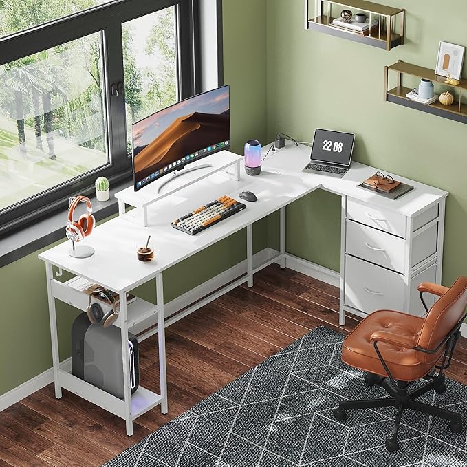 DEVAISE L Shaped Gaming Desk with Drawers and Storage, L Shaped Desk with LED Lights, Power Outlets, PC Desk with Monitor Stand, Corner Desk for Home Office (White,66 Inch)