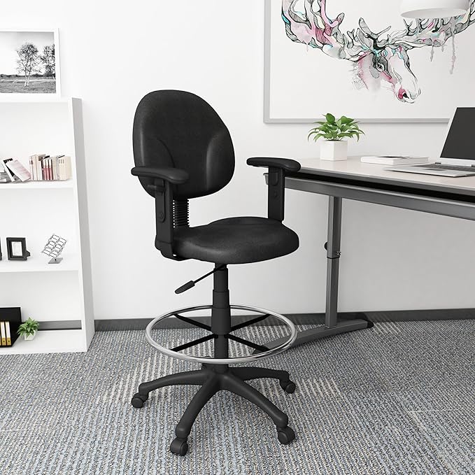 Boss Office Products B1691-BK Stand Up Fabric Drafting Stool with Adjustable Arms in Black