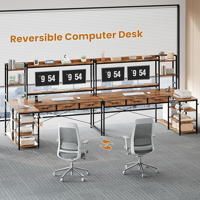 SEDETA 55" L Shaped Desk with Hutch, Corner Computer Desk with Drawers & Shelves, Reversible L Shaped Gaming Desk with Power Strip & LED Lights, Monitor Stand, Headphone Hook, Rustic Brown