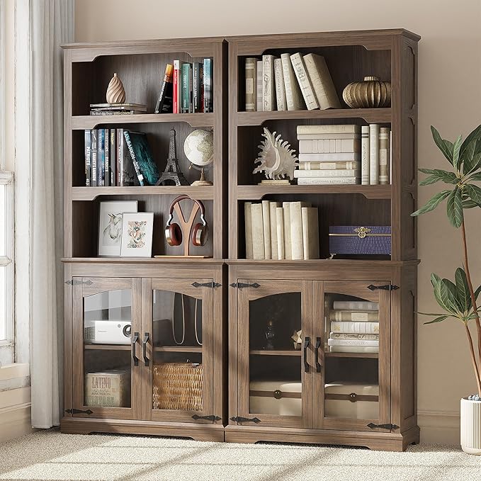 70 Inches Farmhouse Bookcase Bookshelf, Two-Tone Shelves, 5 Tier Bookshelf with Glass Door Storage Arched Trim, Home Office Living Room Storage Cabinet Unit, 31.5x11.8 Inches (Walnut, Glass Doors)