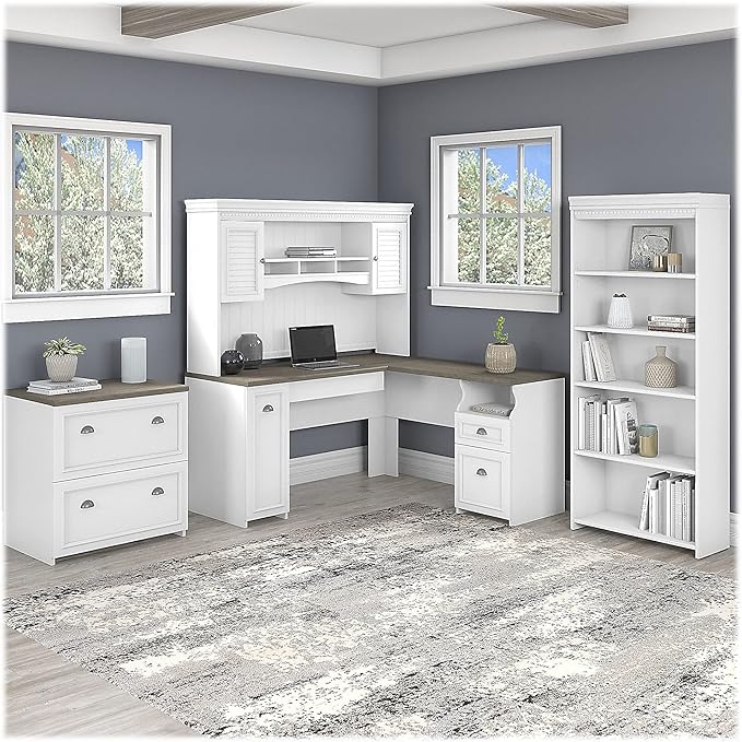 Bush Furniture Fairview 60W L Shaped Desk with Hutch, Lateral File Cabinet and 5 Shelf Bookcase in Pure White and Shiplap Gray