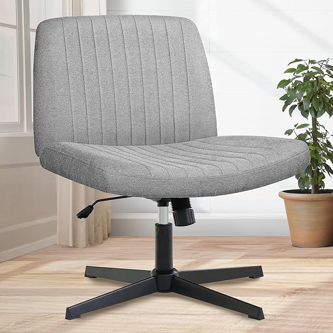 Orange Factory Criss Cross Chair No Wheel Wide Cross Legged Office Desk Vanity Chair Comfy Fabric Armless Adjustable Swivel for Home Computer Task (Grey No Wheel, Classic Fabric)