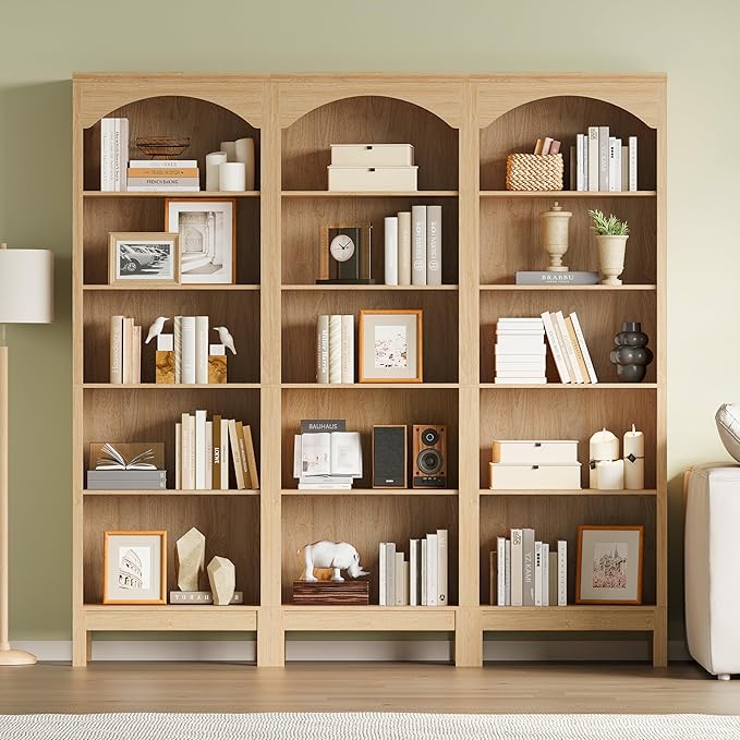Arched Set of 2 Bookshelf with 5 Tier Open Shelves, 71" Tall Wood Bookcase with Adjustable Shelves, 24" Wide Floor Standing Display Storage Shelf for Home Office, Kitchen, Living Room, Natural Oak