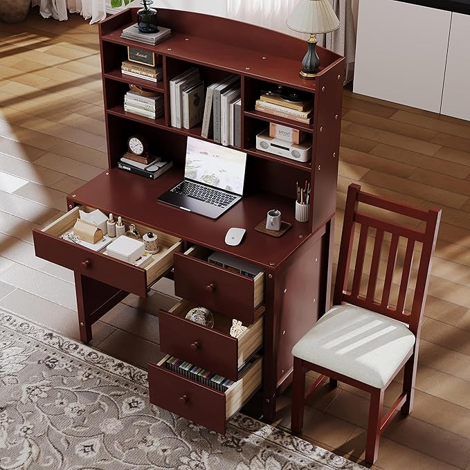 40" Home Executive Desk and Upholstered Chair Set with Bookshelf,Vintage Style Computer Desk with 4 Drawers & Storage Shelf,Study Set for Office, Bedroom or Living Room (Espresso)