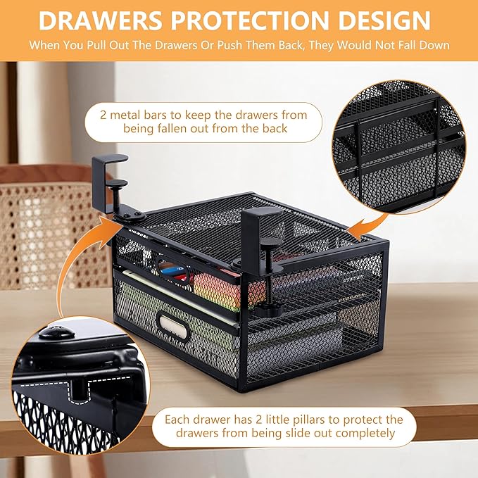 Under Desk Drawer Organizer with 2 Slide Out Drawers – No Drilling Metal Clamp-On Storage, Anti-Slip Desk Drawer Attachment for Home & Office Desktop Organization (Black)