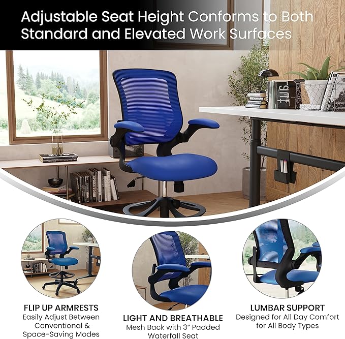 Flash Furniture Kale Mid-Back Blue Mesh Ergonomic Drafting Chair | Adjustable Foot Ring, Flip-Up Arms