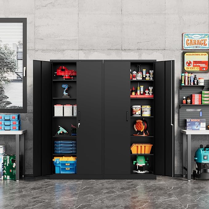Fesbos Metal Storage Cabinet-72” Tall Steel File Cabinet with Lockable Doors and Adjustable Shelves-Black Steel Storage Cabinet for Home, School, Office, Garage