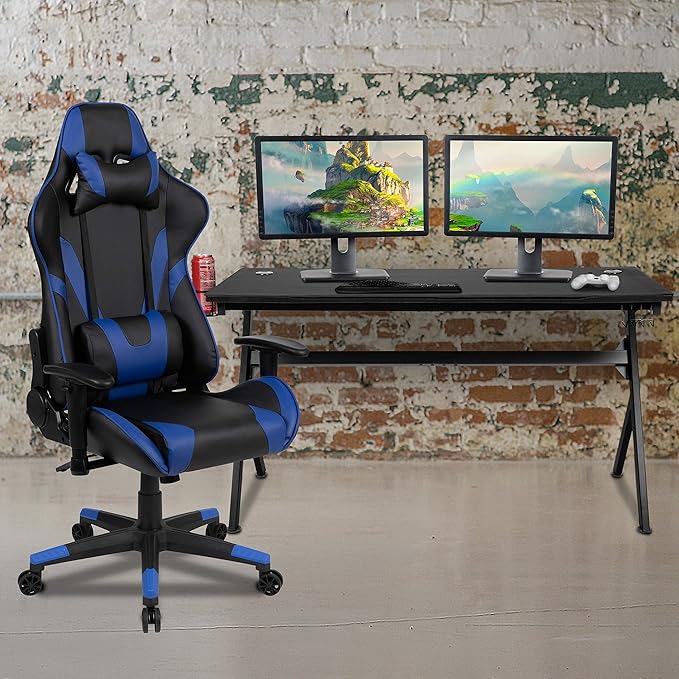 Flash Furniture Gaming Desk and Blue/Black Reclining Gaming Chair Set /Cup Holder/Headphone Hook/Removable Mouse Pad Top - Wire Management