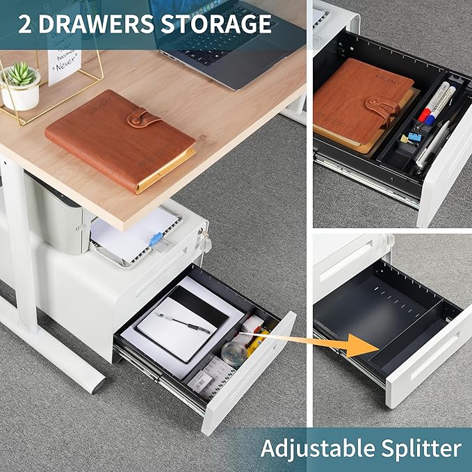 Under Desk Printer Stand with Storage – 2-Drawer Printer Table for Home & Office, Mobile Printer Cart with 2 Sets of Casters and Lockable Drawers, 4 Keys, White