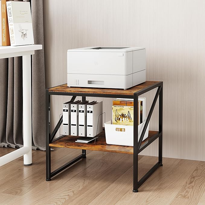 CAIYUN 2-Tier Large Priner Stand with Storage Shelf, 20"×20" Under Desk Printer Table for Home Office, End Table for Living Room, Heavy Duty Storage Rack for Scanner Fax Heat Press, Rustic Brown