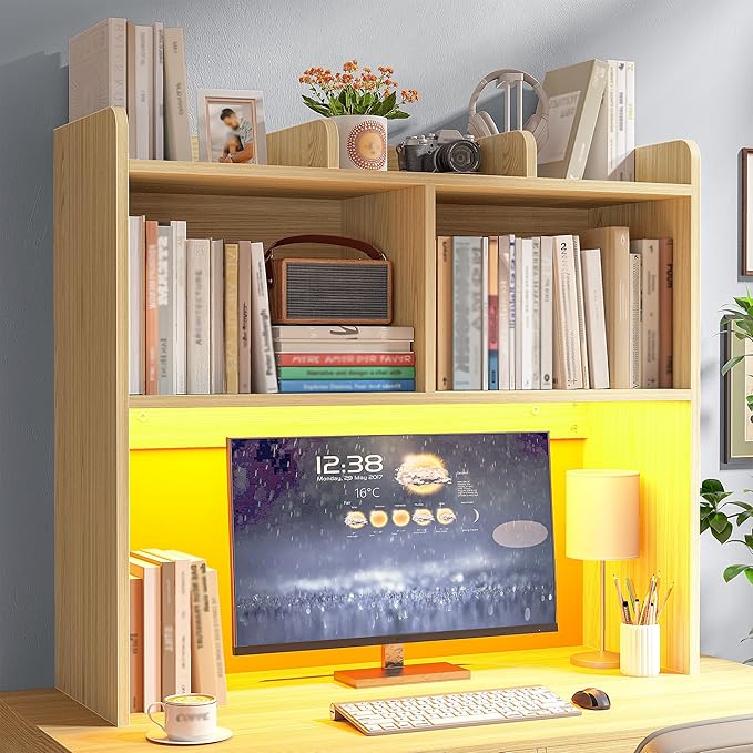REIBII Desk Hutch Dorm for Computer Monitor Up to 27", Dorm Desk Hutch Top Only with RGB Light Strip, Wooden Desktop Bookshelf with 6 Shelves, 3-Tier Desktop Shelf for Home Office Dorm, Wood Color