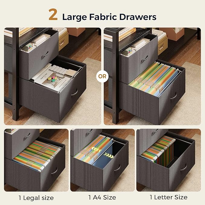 L Shaped Gaming Desk with Fabric Drawers and Power Outlet, Corner Computer Desk with LED-Lit Tempered Glass Display Cabinet, L Shaped Office Desk with Storage,PC Desk for Gaming and Home Office, Black