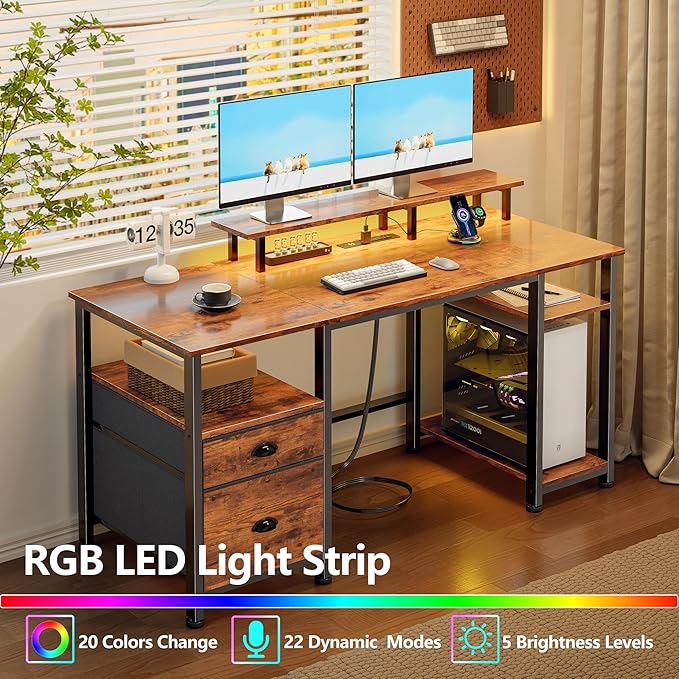 Furologee 51" Computer Desk with Power Outlet and LED Lights, Reversible Home Office Desk with File Cabinet & Monitor Stand, Large Gaming Table with Storage Shelves & Drawer, Rustic Brown