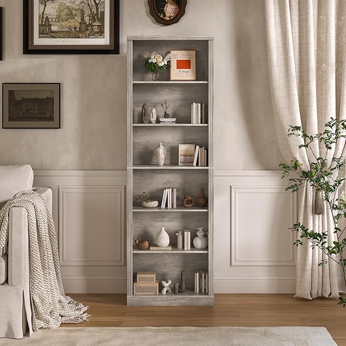 Wodeer Tall Bookshelf, 6-Tier Bookcase with 2 Adjustable Shelves, Modern Farmhouse Storage for Living Room, Entryway, Office, 23.6" W x 74.8" H x 10.6" D, Grey
