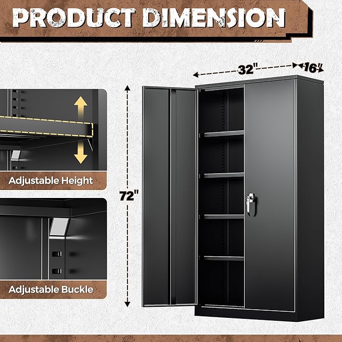 INTERGREAT Metal Storage Cabinet, 72” H Storage Cabinet with Doors and Adjustable Shelves for Office, Home, Garage, Pantry (Assembly Required, Black)