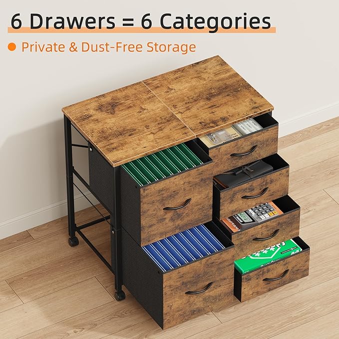 HIGDBFE 6 Drawer Mobile Lateral File Cabinet, Rolling Printer Stand, Under Desk Filing Cabinet Fits A4 Files, Home Office Storage Fabric Cabinet, 2X Space, Rustic Brown, 21.7''
